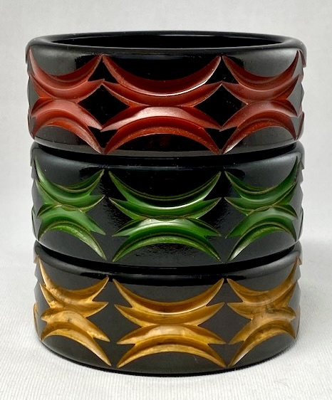 BB283 Wide geometric carved and overdyed bakelite bangles